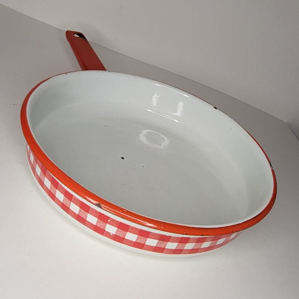 Vintage Red & white Checkered Enamelware Metal Skillet - Picture 11 of 12